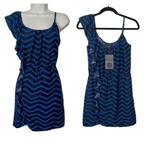 ENVY ME Cobalt Navy Blue Stripe Print One Shoulder Ruffle Small Dress NWT